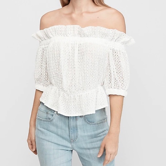 Express Off Shoulder Ruffle Eyelet Lace Top - Picture 6 of 6